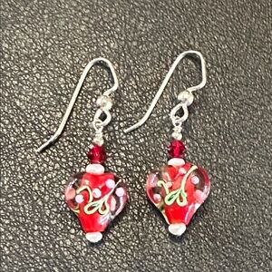 Vintage Red Lampwork Glass Heart Wire Back Dangle Earrings